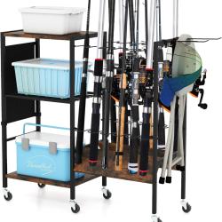 Chariot Support 12 Cannes &agrave; P&ecirc;che - Porte-Cannes &agrave; Roulettes avec 3 Niveaux de Rangement