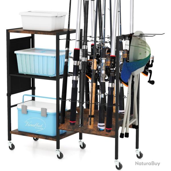 Chariot Support 12 Cannes � P�che - Porte-Cannes � Roulettes avec 3 Niveaux de Rangement