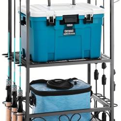 Support de Cannes à Pêche 10 Emplacements - Chariot Mobile à Roulettes avec Étagères de Rangement