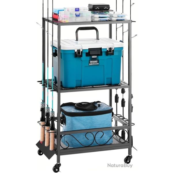 Support de Cannes  Pche 10 Emplacements - Chariot Mobile  Roulettes avec tagres de Rangement