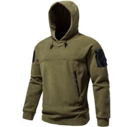 Sweat-Shirt Polaire Homme Capuche Thermique Tactique Multi-Poches Ext&eacute;rieur Chasse - Noir/Vert/Gris