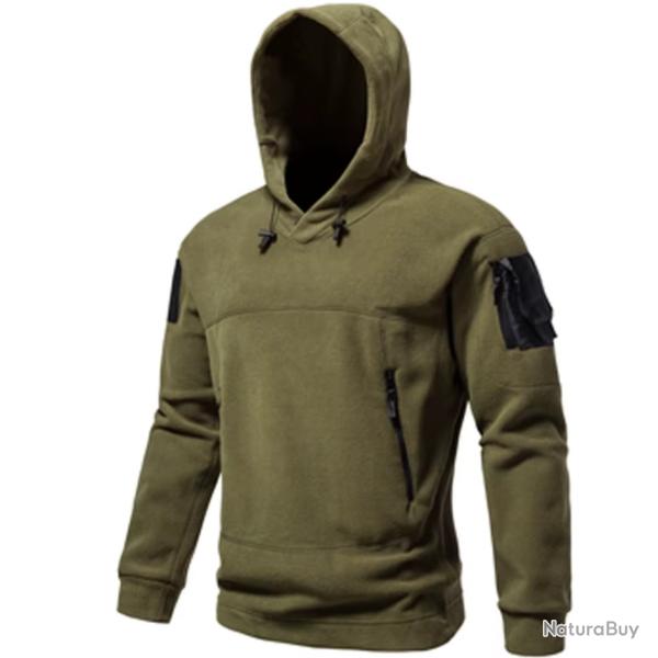 Sweat-Shirt Polaire Homme Capuche Thermique Tactique Multi-Poches Ext�rieur Chasse - Noir/Vert/Gris