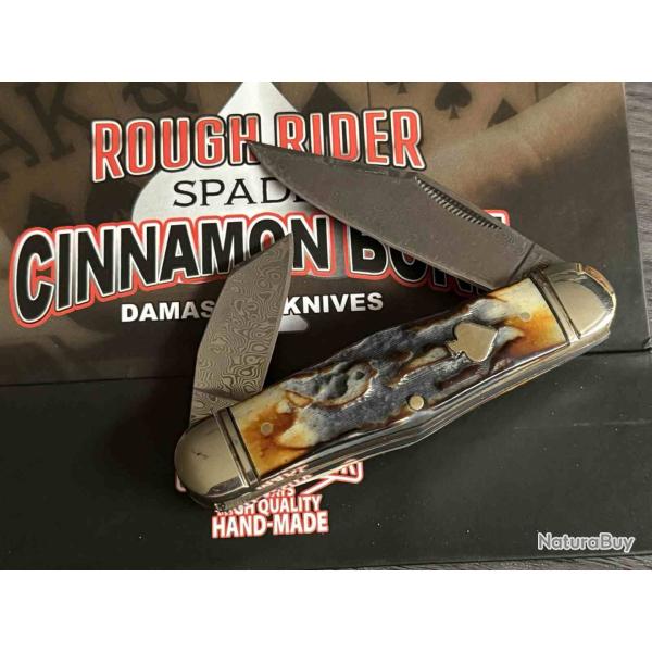 Couteau Rough Ryder Swell Center Jack Lame Acier Damas Manche Os Sculpt Cannelle Slip Joint RR2529