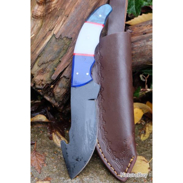 Couteau de Chasse  dpecer Crochet Lame Acier Carbone 1055 Black Manche Rsine Etui Cuir Artisanat
