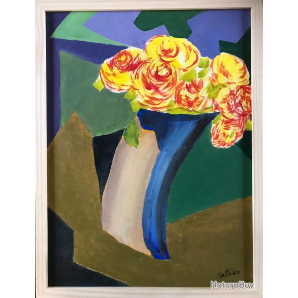 Bouquet,2014.Odile TRAMPONT dite BALTRAN.(n�e en 1942).Acrylique sur papier sign�e et encadr�e