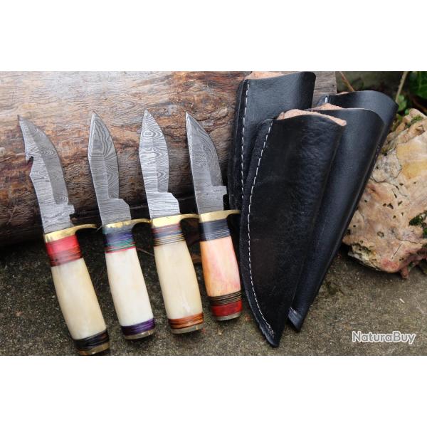 LOT DE 4 Couteau Skinner Damas Lame 256 Couches Manche Os Fab Artisanale Etui Cuir 001