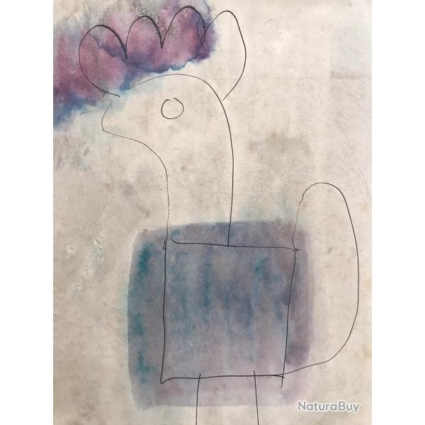 Le coq. Ernest SALVADO (1929-1985).Aquarelle sur papier maroufl�e sur toile.
