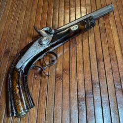 FORT PISTOLET DE DUEL PLATINE GRAVÉ ET  SIGNÉ J.B RONGE A LIÉGE CANON DAMAS