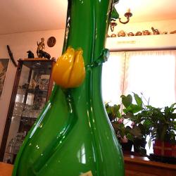 VASE EN VERRE SOUFFLE A LA BOUCHE - OPALINE VERTE, FORME FLORALE STYLE MURANO,1940/60 vintage