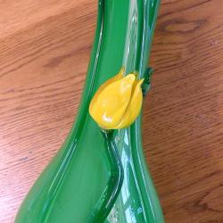 VASE EN VERRE SOUFFLE A LA BOUCHE - OPALINE VERTE, FORME FLORALE STYLE MURANO,1940/60 vintage