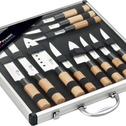 Mallette 11 Couteaux 5 Couteaux Style Japonais + 6 Steak Lames Inox Manches Bambou Rangement Rigide