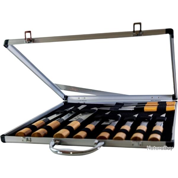 Mallette 11 Couteaux 5 Couteaux Style Japonais + 6 Steak Lames Inox Manches Bambou Rangement Rigide