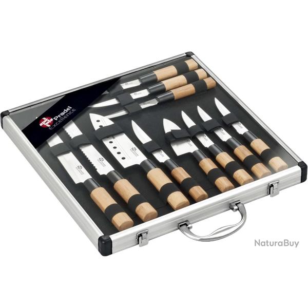 Mallette 11 Couteaux 5 Couteaux Style Japonais + 6 Steak Lames Inox Manches Bambou Rangement Rigide
