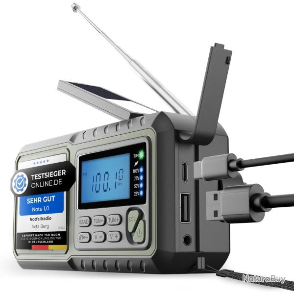 Radio d'urgence avec Manivelle USB Batterie de 5000 mAh Lampe de Poche 3 Modes Radio Mto SOS