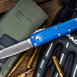 Couteau Automatique OTF Microtech UTX-85 Lame Tanto Serr Acier M390 Manche Alu Bleu USA MCT233