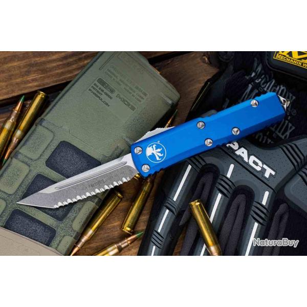 Couteau Automatique OTF Microtech UTX-85 Lame Tanto Serr Acier M390 Manche Alu Bleu USA MCT233