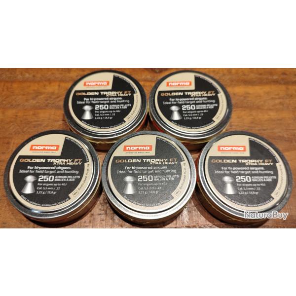 Plombs 5,5 mm Norma - Golden Trophy FT extra heavy - 1,22g - Lot de 5 botes de 250