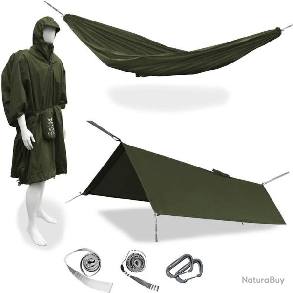 Cape 3 en 1 Trail Hoppers : poncho, hamac et tarp vert kaki