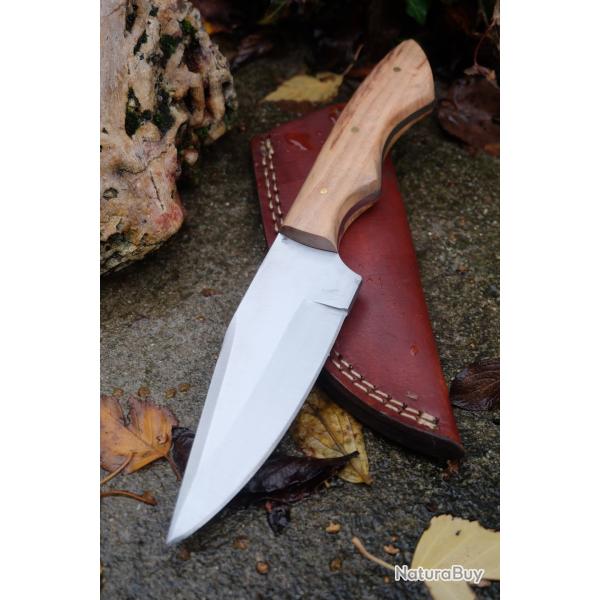 Bushcraft Couteau de Chasse Survie Lame Acier Carbone 1055 Manche Olivier Etui Cuir Fabric Artisanat