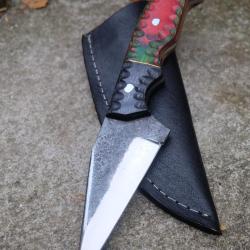 Couteau Skinner Tactical Urbain Lame Acier Carbone 1075 Manche Bois 3D Etui Cuir Fabr Artisanale 01