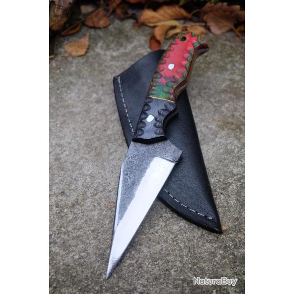 Couteau Skinner Tactical Urbain Lame Acier Carbone 1075 Manche Bois 3D Etui Cuir Fabr Artisanale 01