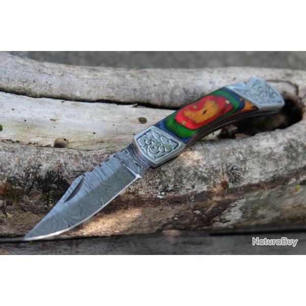 Couteau Lame Damas 128 Couches Style Buck 112 Manche Bois Arlequin Fabr Artisanale Scurit Lockback