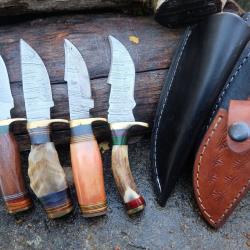LOT DE 4 Couteau Skinner Damas Lame 256 Couches Manche Bois/Os/Corne/Cerf Fab Artisanale Etui Cuir