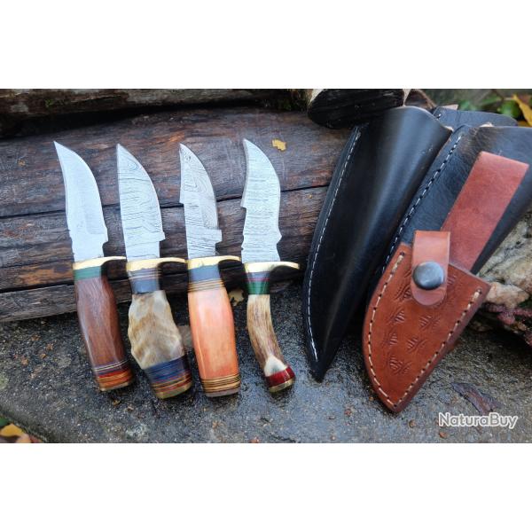 LOT DE 4 Couteau Skinner Damas Lame 256 Couches Manche Bois/Os/Corne/Cerf Fab Artisanale Etui Cuir