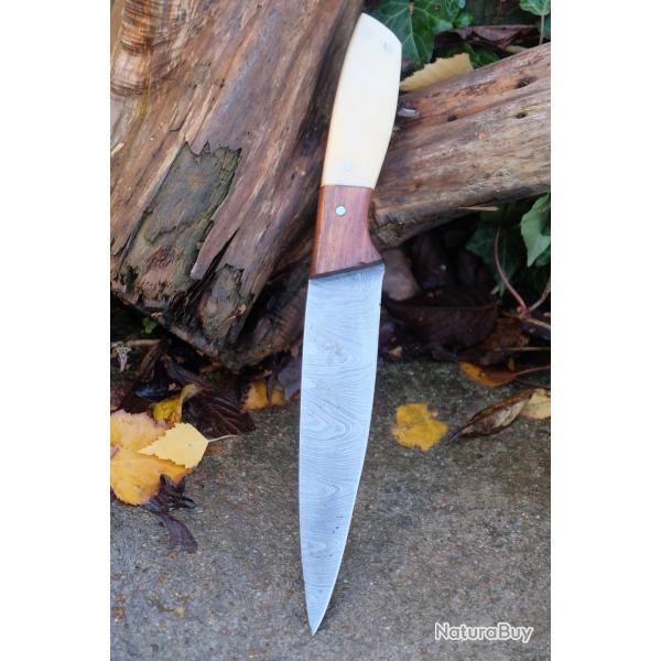 Couteau De Cuisine de Chef Lame Acier Damas 256 Couches Manche Os & Bois Fabrication Artisanale