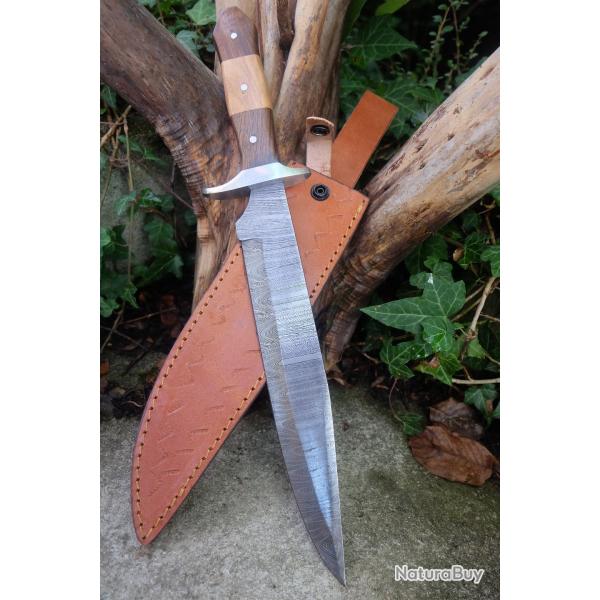 Poignard XXL Couteau Damas Lame 256 Couches Clip Point Manche 2 Bois Fabr Artisanale Etui Cuir 001