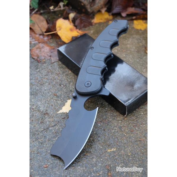 Couteau Pliant Falcon Semi-Automatique Lame Butcher Acier Inoxydable Manche ABS Noir Linerlock Clip