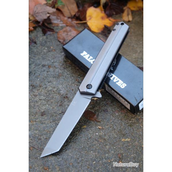 Couteau Tactical Urbain Falcon Semi-Automatique Lame Tanto Acier 440 Manche Acier Gray Linerlock