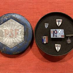 Boîte du Parti Social Français avec insignes