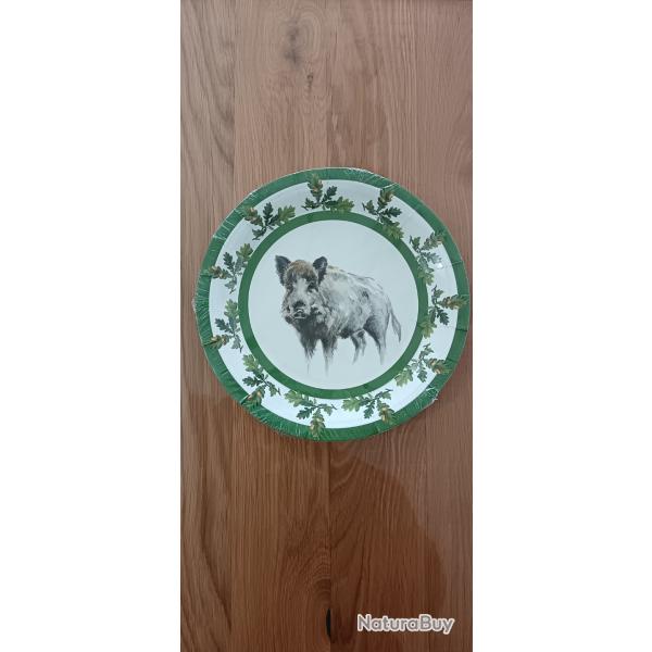 2 LOTS 8 ASSIETTES CARTONS DECOR SANGLIER FEUILLE DE CHENE