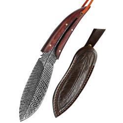 Couteau de Poche Acier Inox Motif Plume Gravé Laser + Fourreau et Chevalet d'Exposition Offert