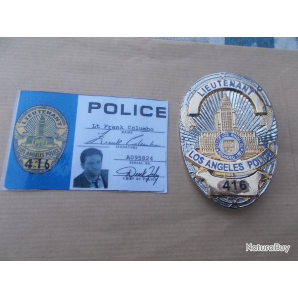 lot plaque police lieutenant COLOMBO,+ sa carte d'identit�,�tat neuf!!RARE
