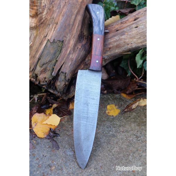 Couteau De Cuisine de Chef Lame Acier Damas 256 Couches Manche Bois Fabrication Artisanale