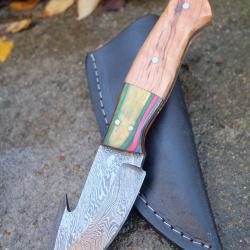 Guthook Couteau Damas Lame 256 Couches Crochet Manche 2 Bois Fabrication Artisanale Etui Cuir 00