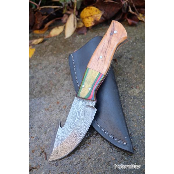 Guthook Couteau Damas Lame 256 Couches Crochet Manche 2 Bois Fabrication Artisanale Etui Cuir 00