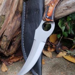 Couteau De Cuisine & Rando Lame Acier Carbone 1055 Façon Huusk Etui Cuir Manche 2 Bois F Artisanat