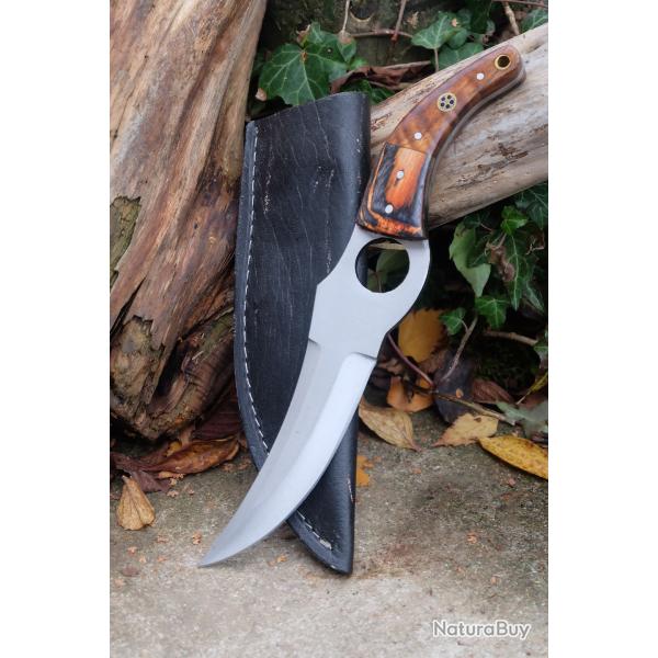 Couteau De Cuisine & Rando Lame Acier Carbone 1055 Faon Huusk Etui Cuir Manche 2 Bois F Artisanat