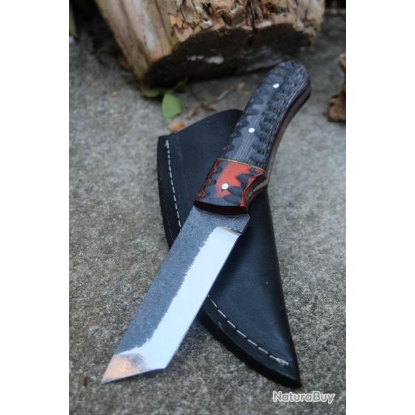 Couteau Tanto Tactical Urban Lame Acier Carbone 1075 Manche 2 Bois Etui Cuir Fabrication Artisanale