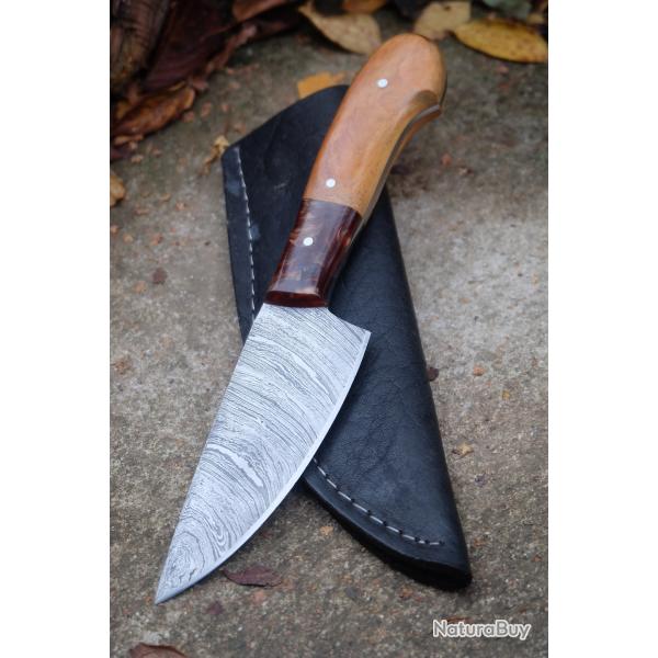 Skinner Couteau de Chasse Damas Lame 256 Couches Manche Bois/Rsine Fabric Artisanale Etui Cuir