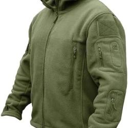 Veste Polaire Homme Militaire Chaud Coupe-Vent avec Capuche - Vert Militaire - S à 3XL