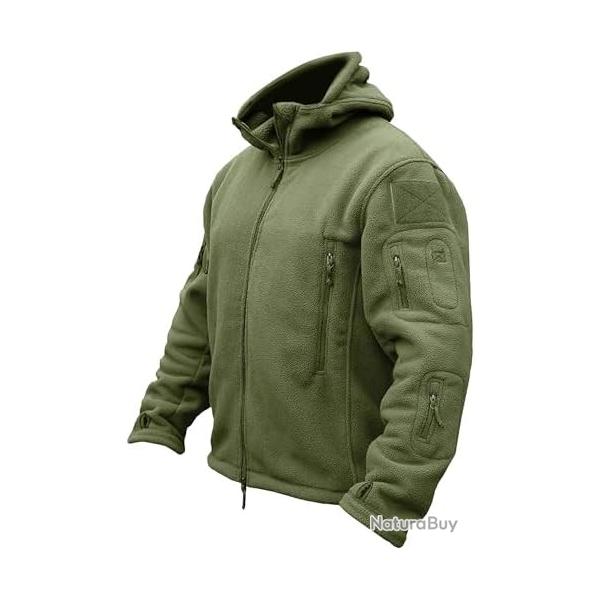 Veste Polaire Homme Militaire Chaud Coupe-Vent avec Capuche - Vert Militaire - S  3XL