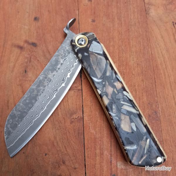 Unique Couteau HIGONOKAMI Manche en Laiton  et mati�res Fossiles