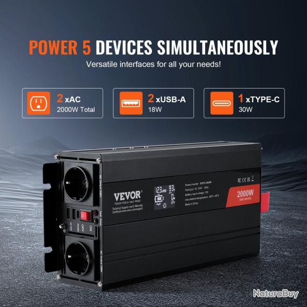 Onduleur � onde sinuso�dale pure 2000 W �cran LCD T�l�commande Haute Qualit�