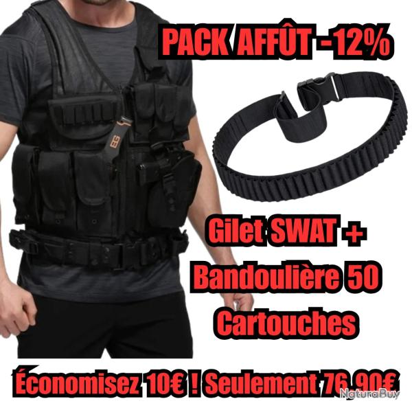 PACK AFF�T COMPLET Gilet Tactique SWAT Camo Jungle Multi-Poches + Bandouli�re 50 Cartouches -12%