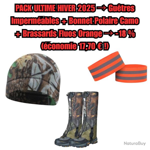 PACK ULTIME CHASSE HIVER Gu�tres Imperm�ables + Bonnet Camo Polaire + Brassards Fluos S�curit�