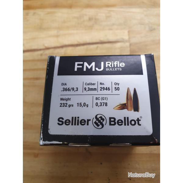 1 boite de 50 balles SELLIER & BELLOT mle FMJ 232grs /15,0 g pour le chargement du 9,3x62